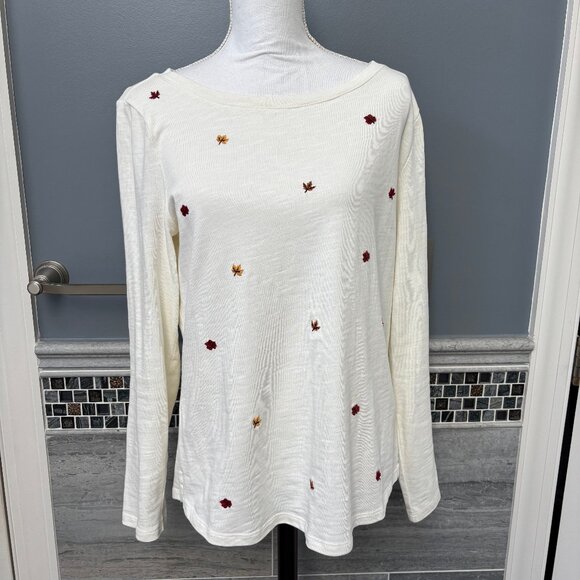 Talbots Long Sleeve Fall Autumn Embroidered Leaf Leaves Ivory Medium 100% Cotton - Picture 1 of 9
